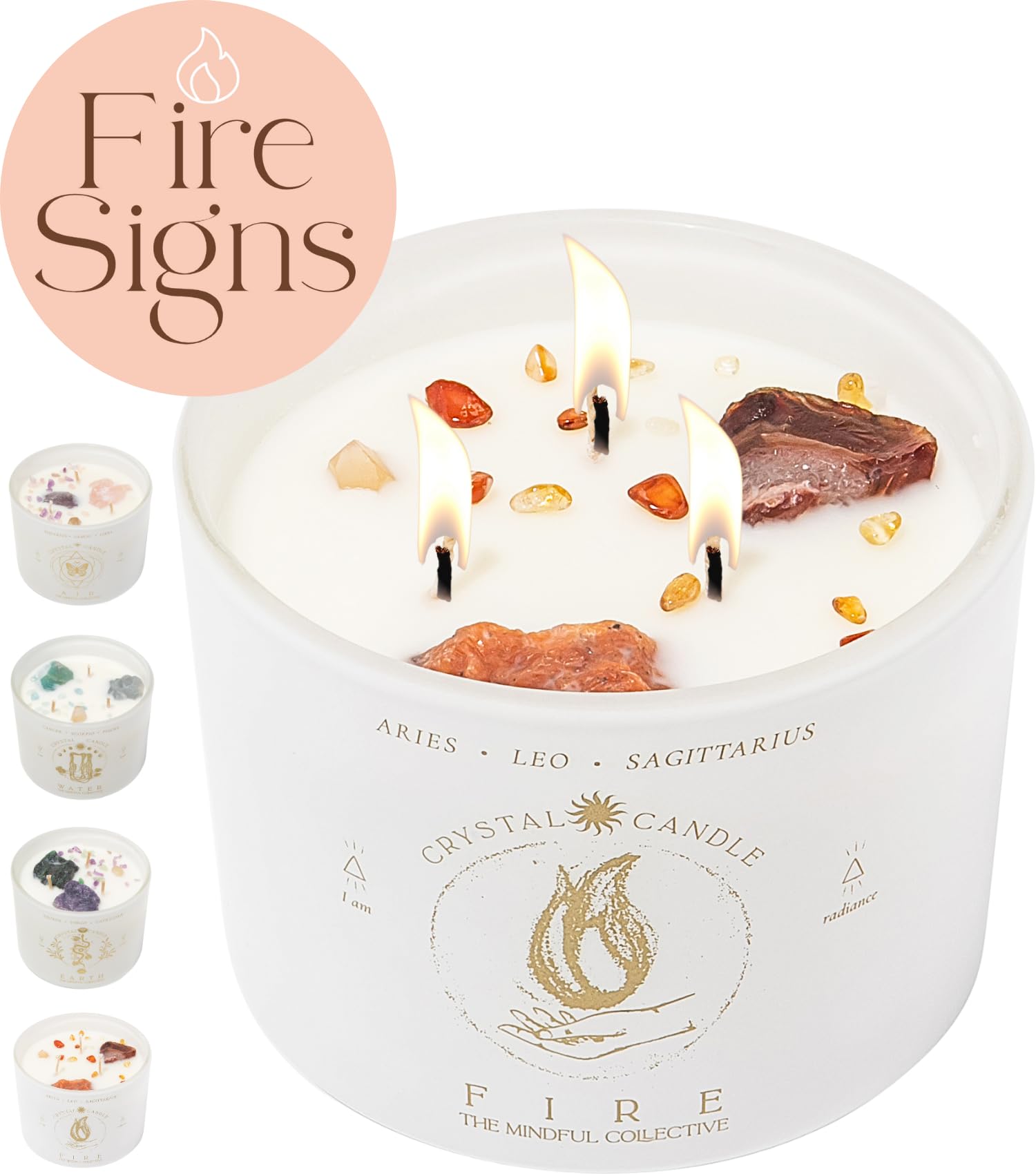 Aries Leo Sagittarius Gifts for Women - 12oz Crystals and Healing Stones Crystal Candle. Zodiac Candle Spiritual Birthday Gifts for Women. 3 Wick Aromatherapy Soy Candles for Home Scented Divine Frequency