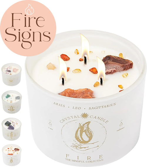 Aries Leo Sagittarius Gifts for Women - 12oz Crystals and Healing Stones Crystal Candle. Zodiac Candle Spiritual Birthday Gifts for Women. 3 Wick Aromatherapy Soy Candles for Home Scented Divine Frequency