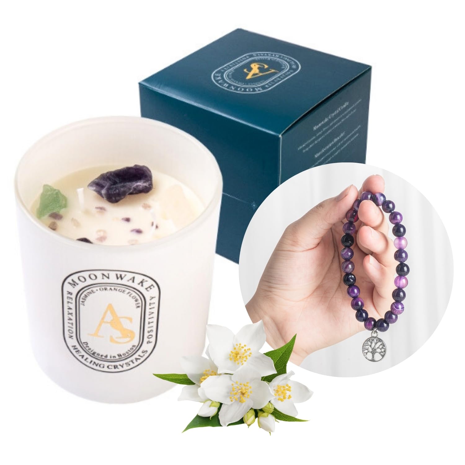 Healing Crystal Candles with Amethyst Bracelet Set 6oz Non Toxic Chakra Candles for Home Spiritual Aromatherapy Gifts for Women Mom. Organic Natural Soy Self Love Manifestation Candle Divine Frequency